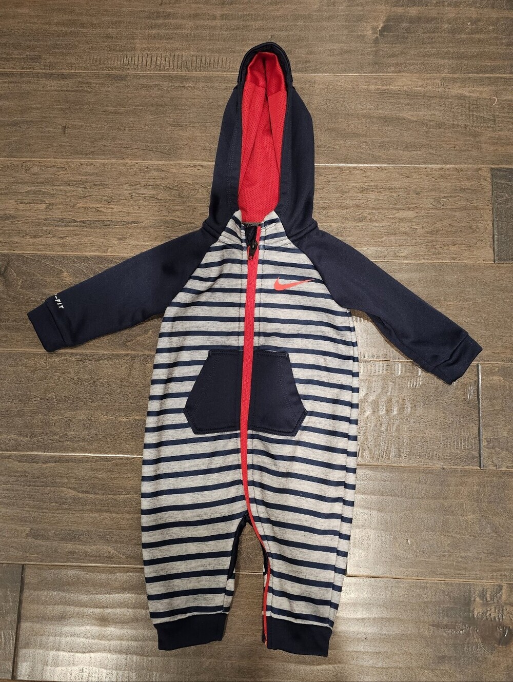 Nike Navy & Gray Striped Hooded One-Piece Romper Onesie with Red Zipper